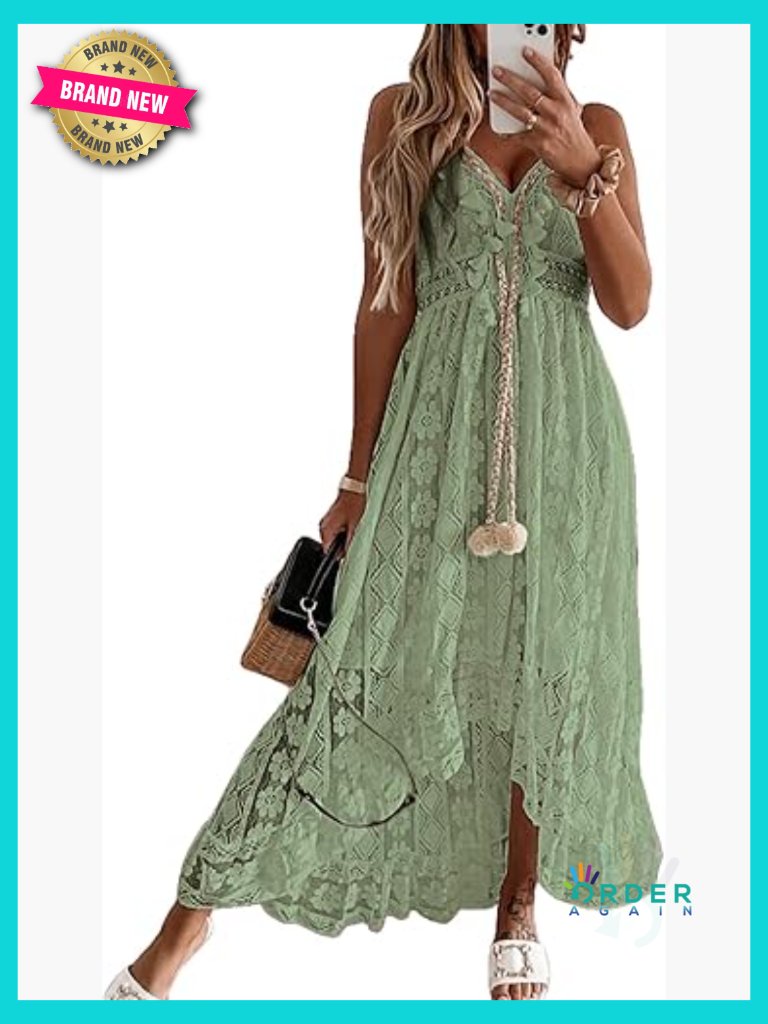 Sleeveless Lace Maxi Dress Spaghetti Straps Flowy Tassel Boho Summer